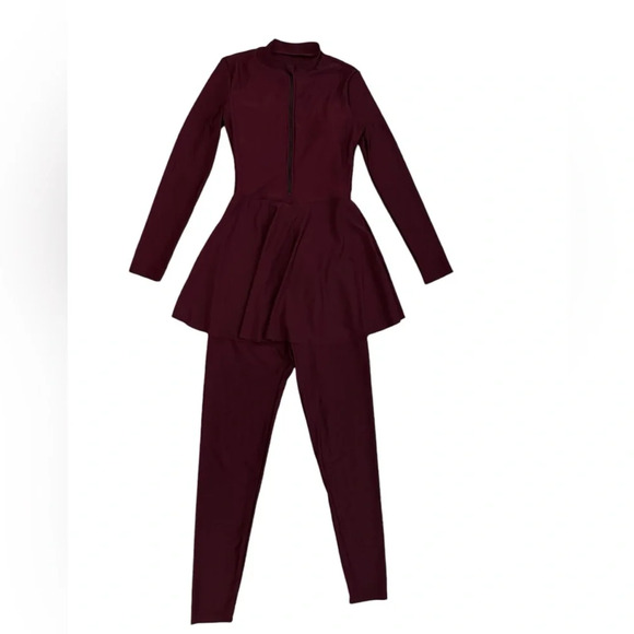 Women’s burkini Long Sleeve One-Piece Swimsuit – Burgundy, Solid Color, Size S - Picture 6 of 10